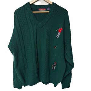 Vtg  J.S.A. Bank Sportswear Chunky Cable Knit Golf Theme Sweater V Neck Men XL